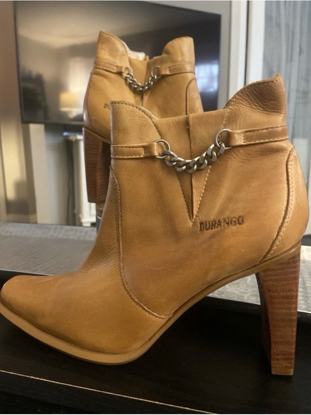 Durango Tan Leather Chain-Trim High-Heel Ankle Boots